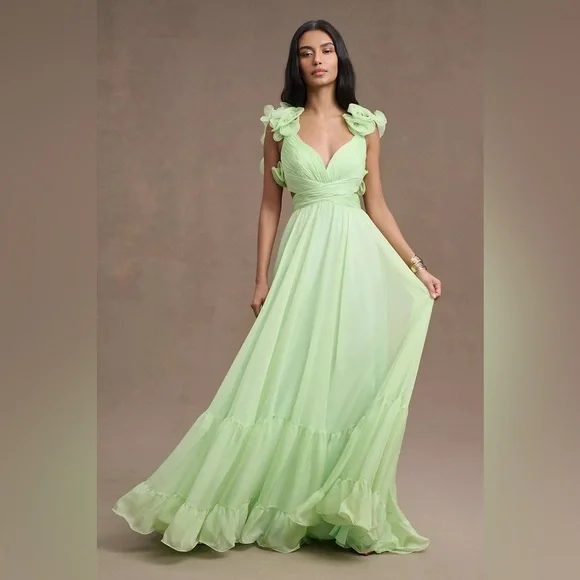 NEW Mac Duggal Indy Ruffle Tiered Cutout Chiffon Gown Mint Green Maxi Dress 4 - Picture 2 of 15